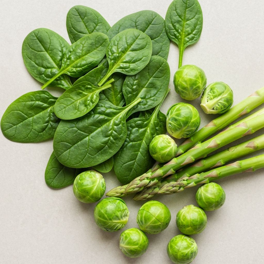 Folate-rich foods: spinach, Brussels sprouts, and asparagus